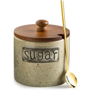 LYEOBOH 15OZ Sugar Bowl, Sugar Dish, Rustic Sugar Container with Wood Lid and Spoon for Coffee Bar, Dishwasher Safe, Stainless Steel Spoon - Farmhouse Kitchen Decor Housewarming Gift, Beige