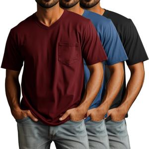 Ficerd 3 Pack Men's V Neck T Shirts Short Sleeve Plus Size Tee Loose Casual Top Cotton Basic Oversized Shirts with Pocket (X-Large, Black, Denim Blue, Burgundy)