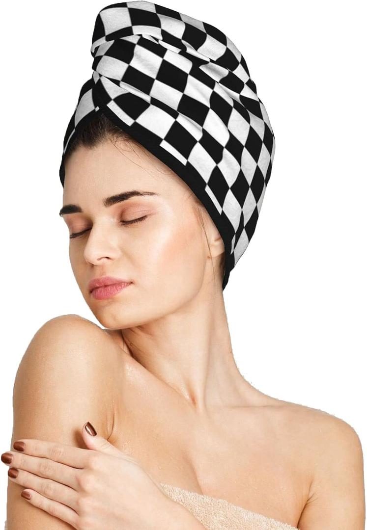 Black and White Checkerboard Hair Towel Wrap Microfiber Fast Drying Hair Turban with Buttons for Women Men Drying Curly, Long & Thick Hair