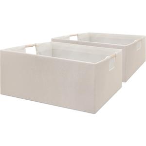 Foldable Fabric Storage Cubes, 2 Packs Cloth Storage Baskets with Wooden Handles, Collapsible Shelf Closet Organizer Bins, Rectangular Storage Boxes for Decor (Beige)