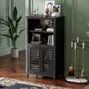 HITNET Black Bathroom Storage Cabinet, Freestanding Bamboo Floor Cabinet 5 Tier Tall Kitchen Cupboard with Door and Removable Shelves, Large