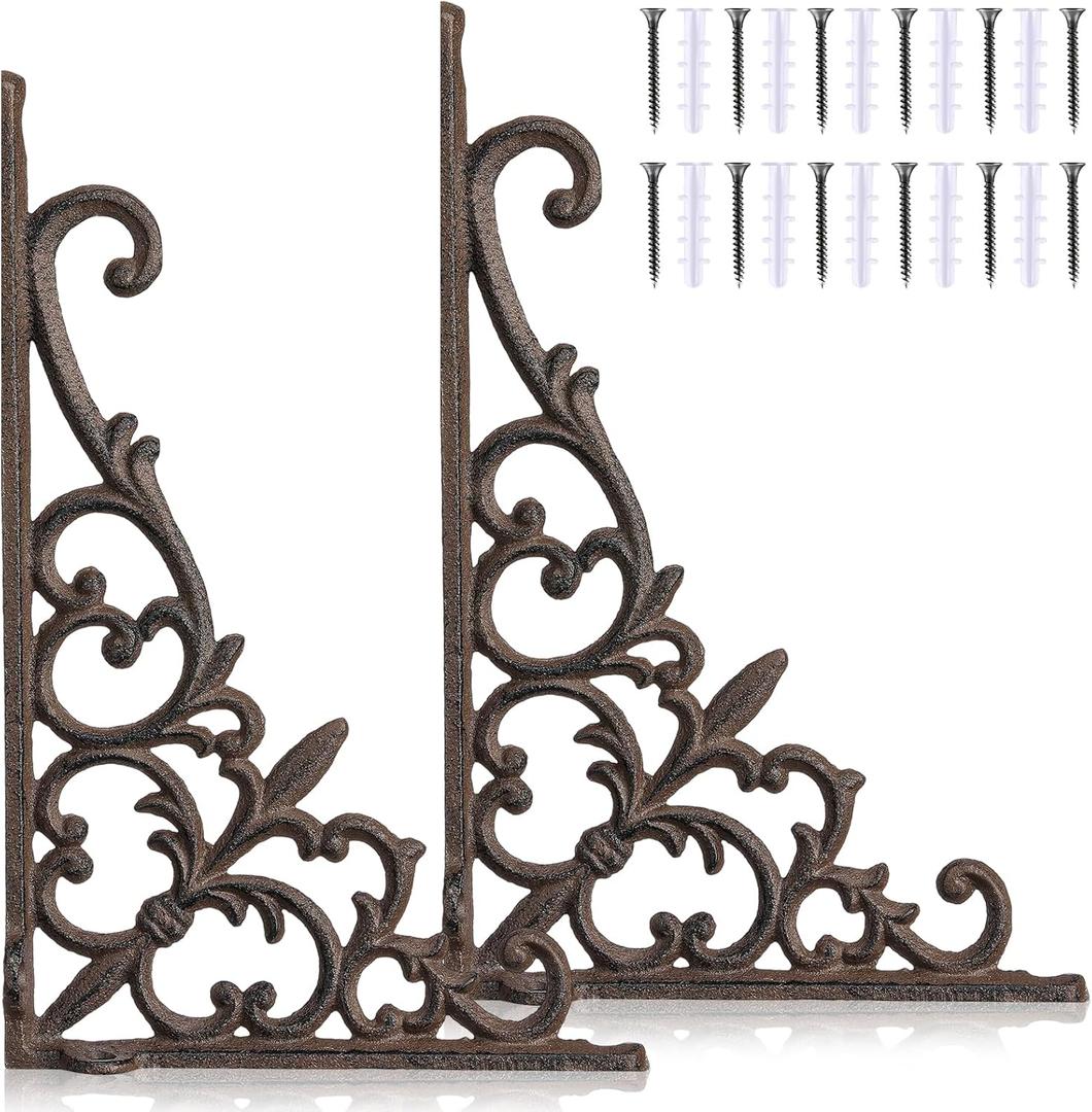 2 Pack Cast Iron Decorative Shelf Brackets 9 x 6 Inch Large Antique Style Wall Mount Shelf, 90 Right Victorian Bookshelf Brackets for DIY Floating Shelves Wall Decorative