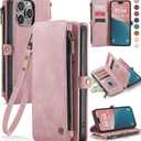Defencase Compatible with iPhone 15 Pro Max Case Wallet with RFID Blocking Card Holder for Women Men, PU Leather Magnetic Snap Flip Zipper Strap Wallet Phone Case Fit for iPhone 15 Pro Max, Rose Pink