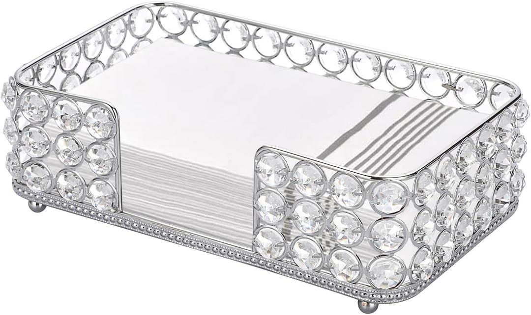 Sumnacon Stylish Bathroom Guest Towel Holder-Rectangle Crystal Napkin Holder for Guest Hand Towels Paper Napkins, Decorative Napkin Tray for Bathroom Vanity Toilet Tank Table Kitchen Countertop,Silver (9.9 x 6 Inch/Guest Towel)