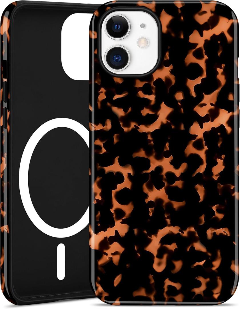 Jusy Compatible with MagSafe Brown Tortoise Shell Print Phone Case for iPhone 12/12 Pro, Amber Trendy Luxury Magnetic Soft TPU and Hard PC Protective Phone Cover for Women Girls - Turtle Shell