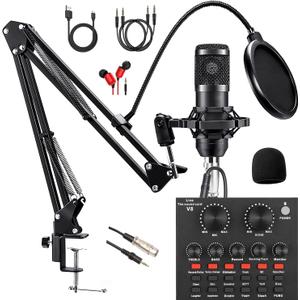 Podcast Equipment Bundle, with BM800 Podcast Microphone and V8 Sound Card, Voice Changer - Audio Interface -Perfect for Recording, Singing, Streaming and Gaming (V8-Black)