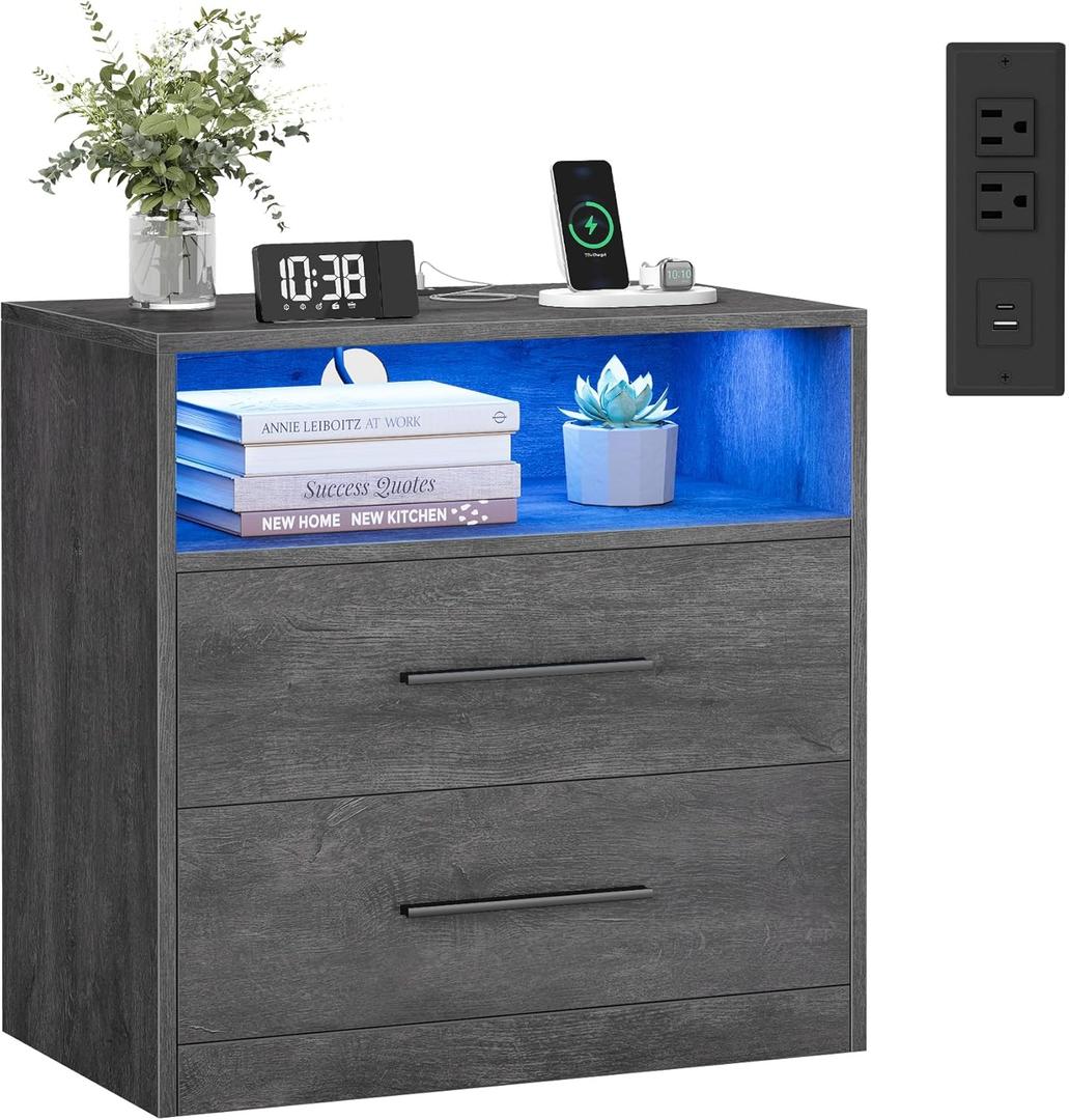 VASAGLE Custos Collection - 23.6 Inch Wide Nightstand with Charging Station, LED Lights, Modern Night Stand, Side End Table with Drawers, Open Shelf, 2 AC Outlets USB Ports, Misty Gray