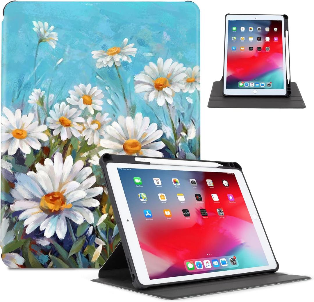 Vimorco for iPad 9th/8th/7th Gen 10.2 inch Case,for iPad Pro 10.5 inch 2017 /for iPad Air 3rd 2019, 360 Degree Rotating with Pencil Holder, Protective Multiple Stand Cover, Auto Wake/Sleep,Daisy