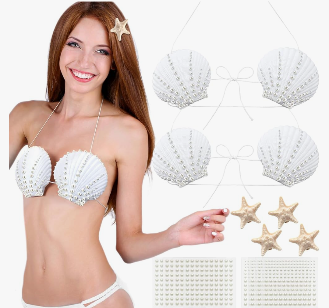 Zoooyawn 4 Sets Shell Bra Costume 4 Pcs White Seashell Bikini Top with Cord 8 Pcs Starfish Hair Clip 8 Sheets Pearl Stickers Mermaid Cosplay Accessories for Women Mermaid Party