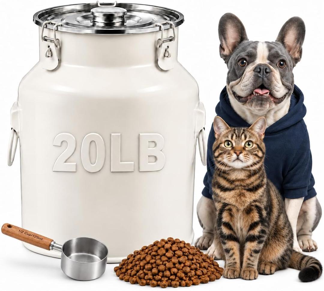 Stainless Steel Dog Food Storage Container 20 lb, Painted Bin with Locking Buckle Lid, Carry Handle, Scoop and Load-Bearing Bottom, Dog Food Storage Can (20, Pounds)