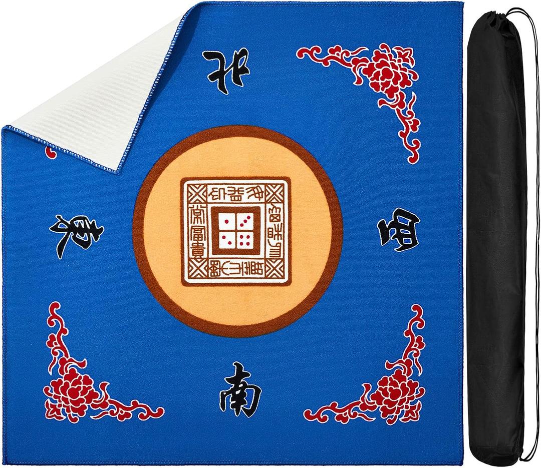Juexica Mahjong Mat with Bag, Anti Slip Noise Reduction Table Cover Board Game Mat Mahjong Table Accessories Tablecloth Paigow Poker Cards(Blue)