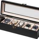 Watch Box, Watch Case for Men Women with Large Glass Lid, Wooden Watch Display Storage Box with 6 - Slots, Charcoal Black Mens Watch Box Organizer