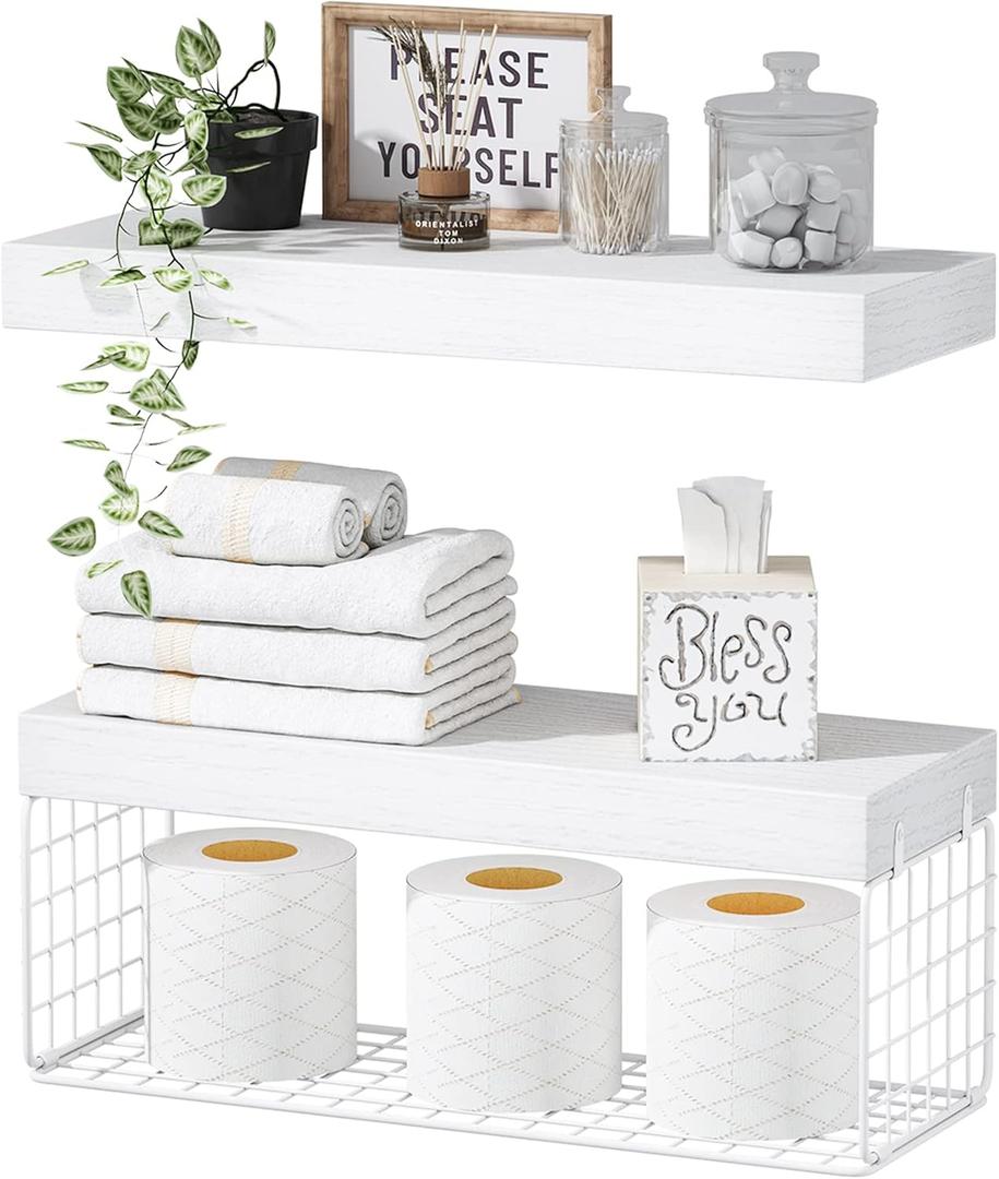 QEEIG White Bathroom Shelves Over Toilet - Wall Mounted Floating Shelves Farmhouse Shelf Toilet Paper Storage Small 16 inch Set of 2 (019-W2) QEEIG White Bathroom Shelves Over Toilet - Wall Mounted Floating Shelves Farmhouse Shelf Toilet Paper Storage Small 16 inch Set of 2 (019-W2)