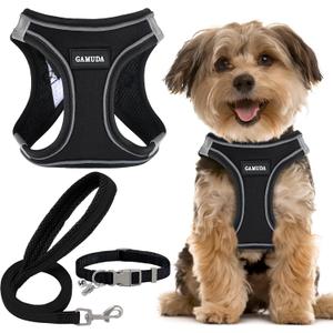GAMUDA Small Dog Harness Collar and Leash Set, Step in No Chock No Pull Linen Fabric Soft Mesh Dog Vest Harnesses Reflective for Dogs Puppy Cats Kitten Rabbit (Black, XXS)