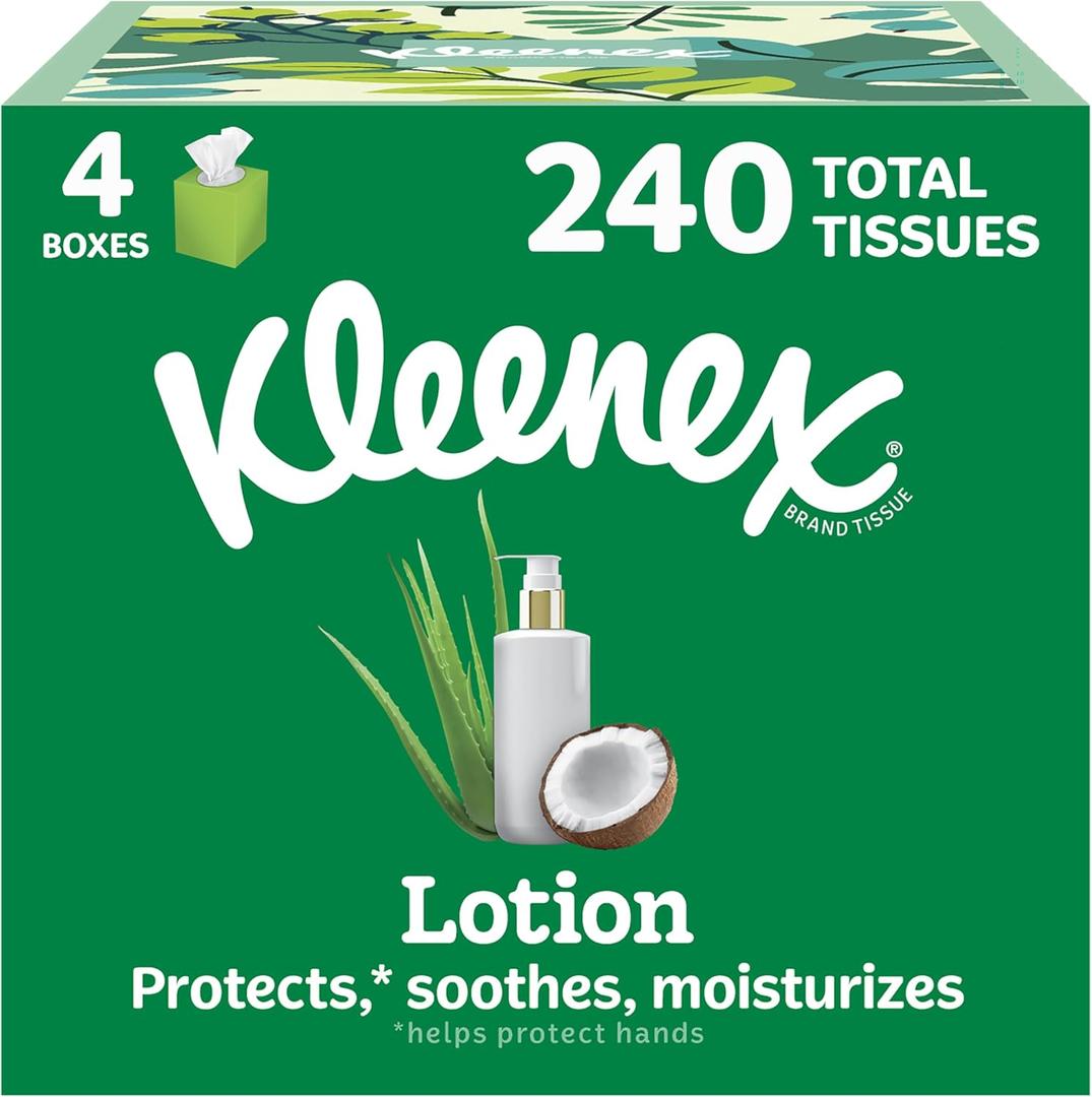 2 x Kleenex Lotion Facial Tissues with Coconut Oil, 4 Cube Boxes, 60 Tissues Per Box, 3-Ply