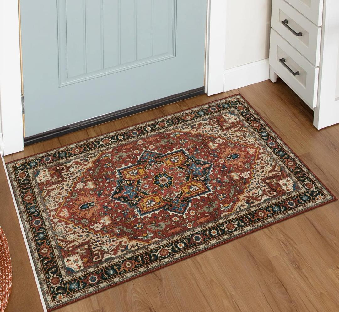Moynesa Ultra-Thin Washable Area Rug - 2x3 Small Kitchen Rug for Entryway Mat, Oriental Non-Slip Non-Shedding Indoor Floor Carpet for Bathroom Sink Bedroom Living Room Coffee Table Hardwood Floors (Brown/Multi)