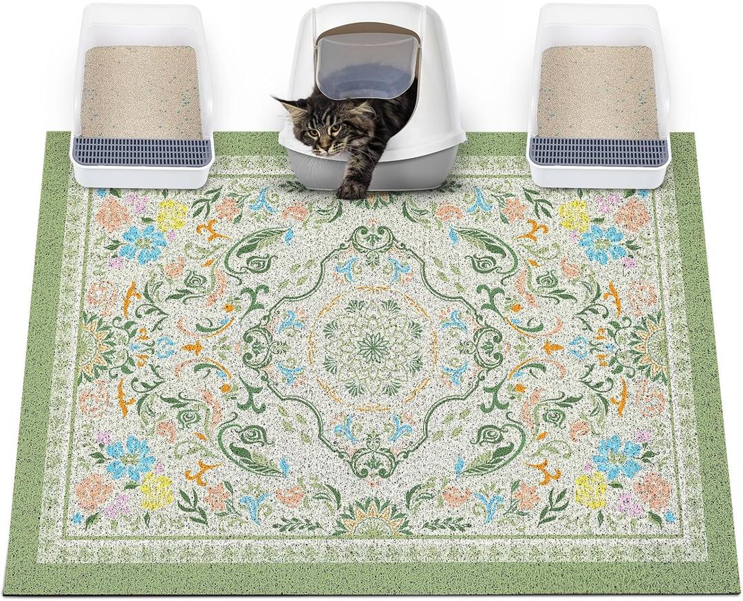 Glittme Cat Litter Mat with Non-Slip Bottom Litter Box Mat 47"X35" Litter Trapping Mat Easy to Clean Washable Cat Food Mat for Kitty,XXL (Bean Green)