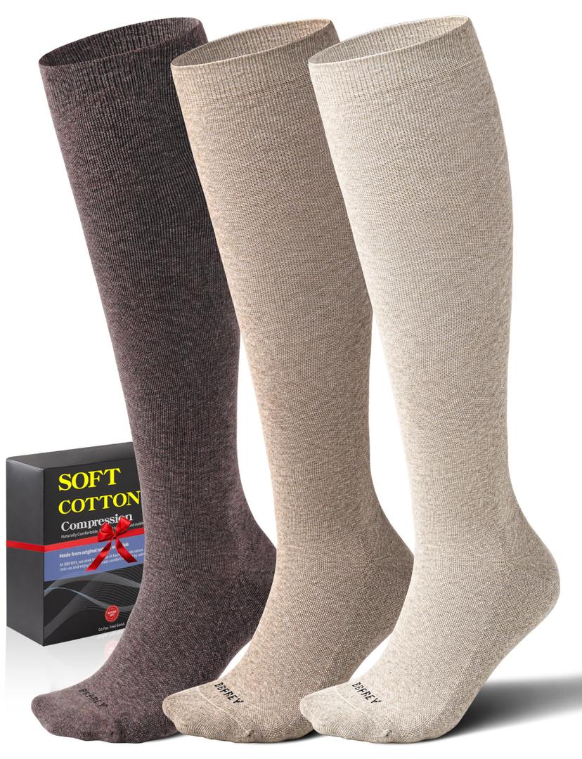 Soft Cotton Compression Socks for Women Men 20-30mmHg Knee High Support for Circulation, Nurses, Pregnancy, Travel, Medium-Large, 3 Pairs - Natural Land