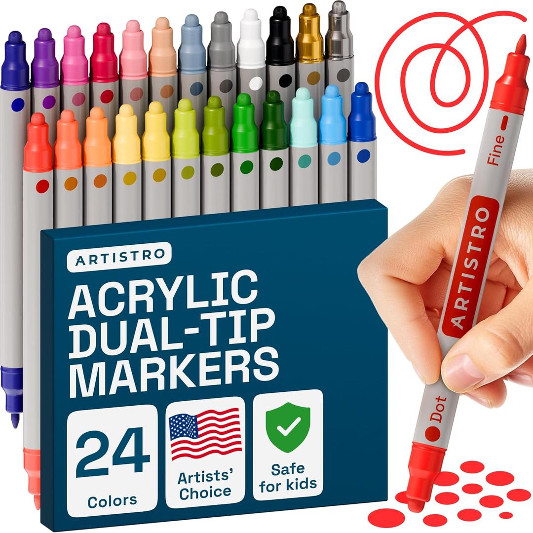 ARTISTRO 24 Dual Tip Acrylic Paint Markers, Acrylic Paint Pens, Fabric Markers for Textile, Rock, Glass, Wood, Paper, Ceramic, Canvas DIY Art Supplies Kit for Kids and Adults (Dual Tip Dot + Fine, 24)