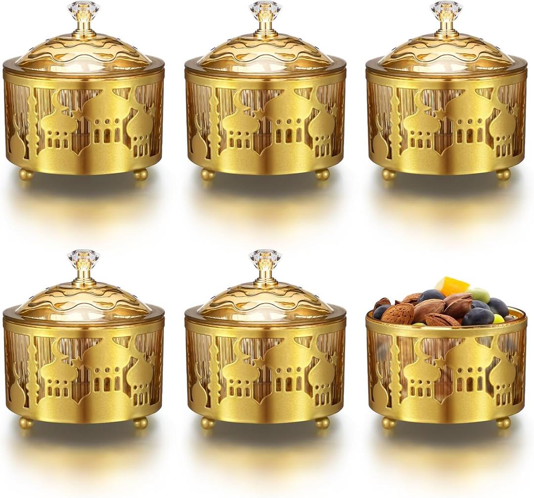 Pinkunn 6 Pack Ramadan Serving Trays with Lids Gold Eid Mubarak Trays Plates Ramadan Home Decor Moon Star Candy Dish Dessert Storage Organizer for Iftar Islamic Muslim Party, 3.5 Inch (Classic)