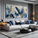 JuhaiArt White Banana Leaf Prints Bedroom Blue Canvas Art Botanical Gold Wall Artwork for Living Room Office 29" x 59"