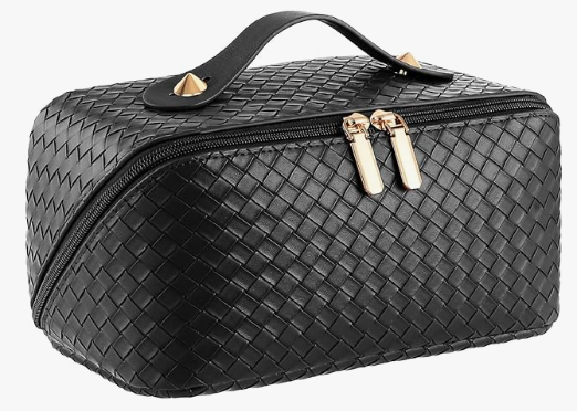 Large Capacity Travel Cosmetic Bag  PU Leather Makeup Organizer Bag Portable Woven Makeup Bags for Women Waterproof Travel Toiletry Bag with Divider Pouch, Black