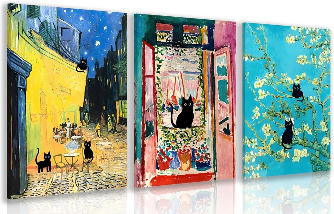 FASWQ Wrapped Canvas Vintage Funny Black Cat Wall Art Set of 3, 16x24 in