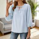 Womens Tops 3/4 Puff Sleeve Bow Tie Front Spring Easter Shirts Dressy Casual Elegant Flowy Loose Babydoll Blouses (Blue, L)