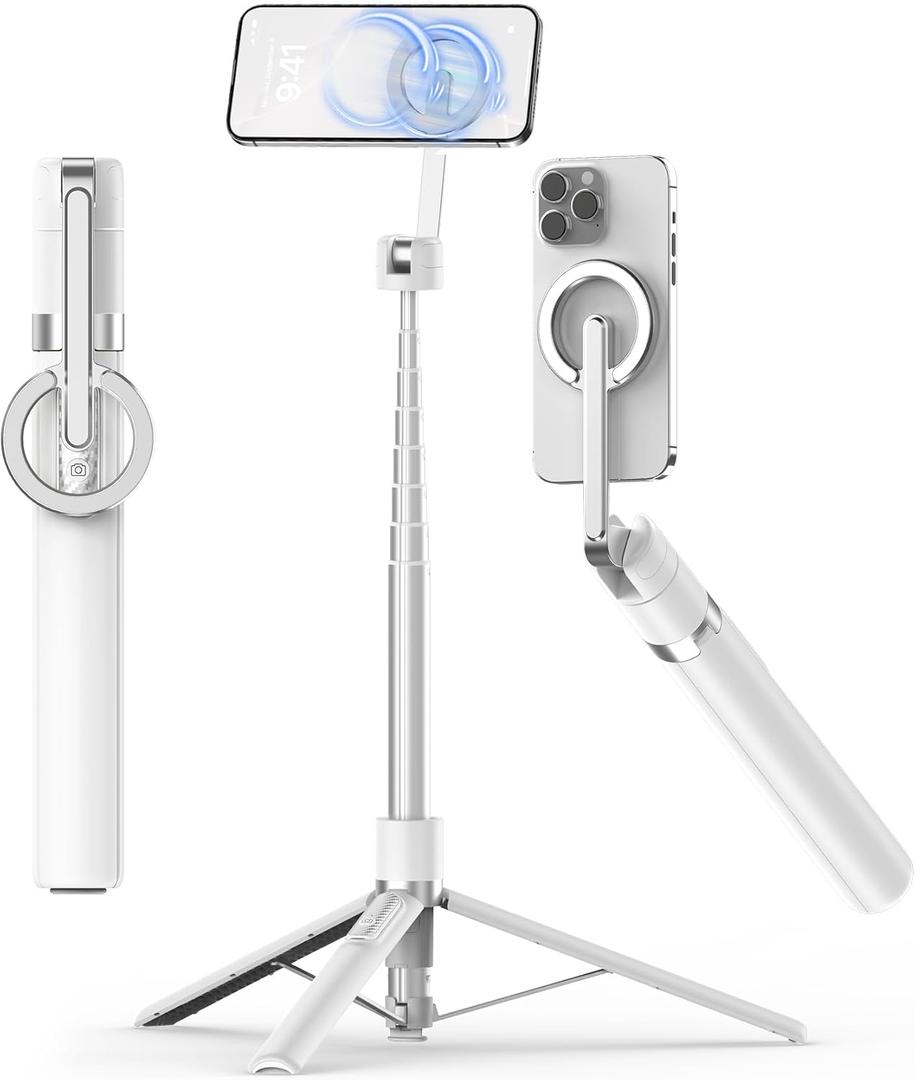 TONEOF 68" Magnetic Selfie Stick Tripod with Aluminum Strong Magnetic Holder for Magsafe, 360° Rotatable Travel Phone Tripod Stand with Metal Ring & Rechargeable Remote for iPhone/ Android（White）