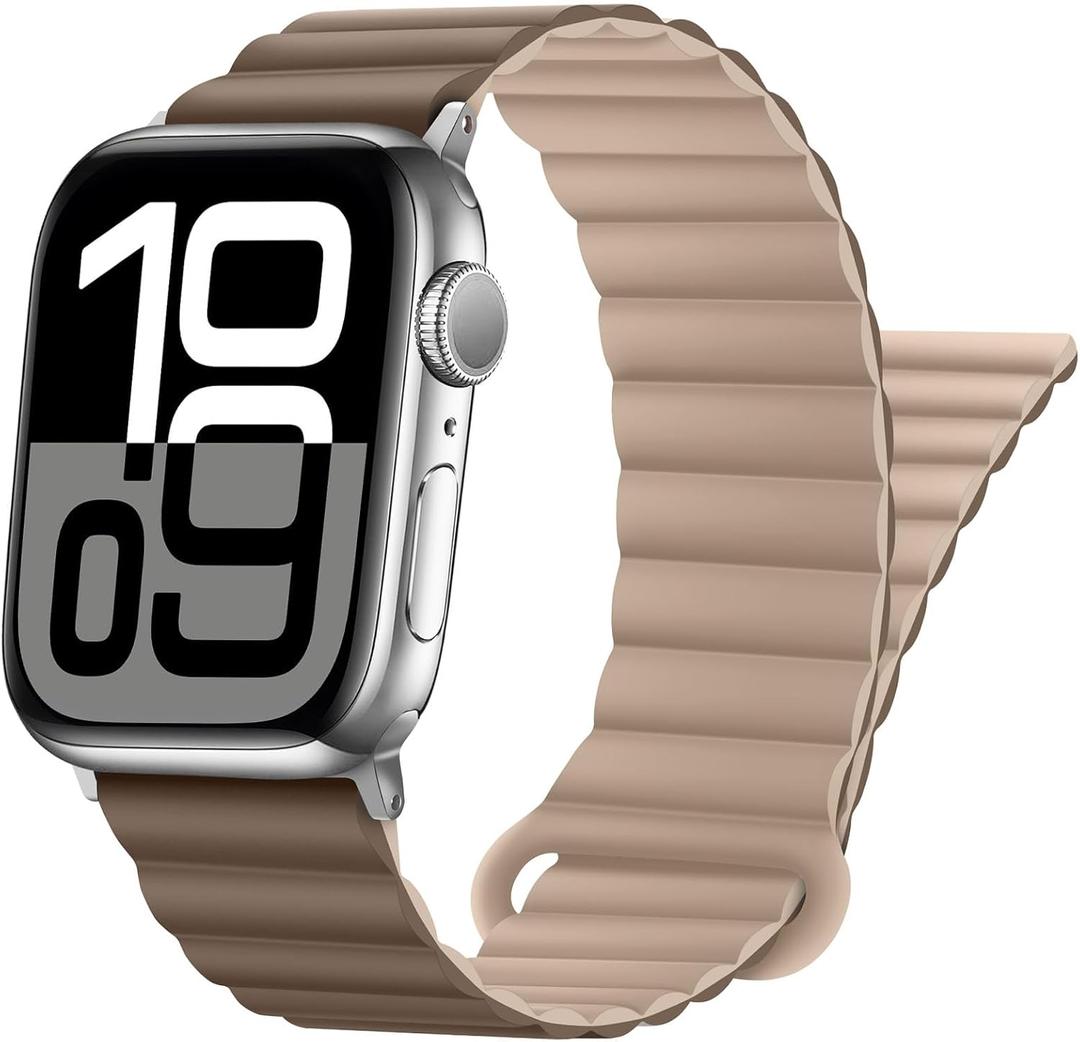 HITZEE Compatible with Apple Watch Band 49/46/45/44/42/41/40/38mm, Double Sided Silicone Magnetic Band Compatible for iWatch Ultra 3/2/1 Series 11 10 9 8 7 SE3 6 5-1 (38/40/41/42mm, Brown Khaki)