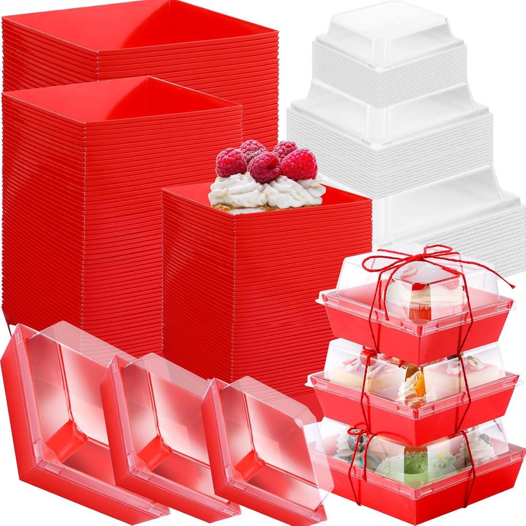 Tatuo 48 Sets Valentines Red Charcuterie Boxes with Clear Lids and Rope Square Cookie Bakery Box Disposable Dessert Boxes for Wedding Party, Sandwich, Cake Containers, 3 Sizes