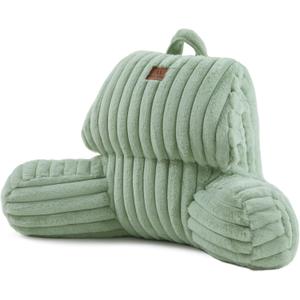 Amlie Home Faux Fur Reading Pillow with Pocket for Sitting in Bed, Kids Backrest Bed Pillow with Washable Cover for Lounging, Watching TV/Gaming/Resting/Post/Surgery/Nursing, Sage Green 17 inches