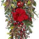 Briful Red Magnolia Christmas Swag 29.5 Farmhouse Christmas Teardrop with Red Pomegranate & Berries, Hanging Xmas Door Swags for Front Door, Fireplace Mantel, Outdoor Holiday Decor