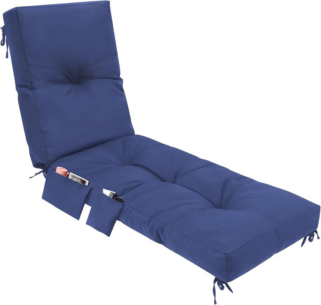 1 Pcs Outdoor Chaise Lounge Cushions with 3 Side Pocket 76x22x6 Inch Waterproof Long Deck Reclining Chair Cushions Fade Resistant Replacement Cushion for Furniture Lawn Pool (Navy Gray,Solid Color)