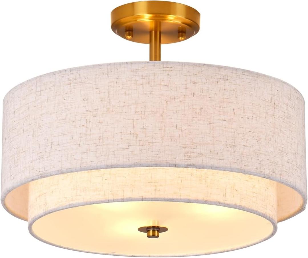 3-Light Semi Flush Mount Ceiling Light Fixture, 16" Gold Drum Light Fixture, Modern Close to Ceiling Light with 2-Laye Fabric Shade Lamps for Bedroom Living Dining Room Hallway Entryway Foyer 3-Light Semi Flush Mount Ceiling Light Fixture, 16" Gold Drum Light Fixture, Modern Close to Ceiling Light with 2-Laye Fabric Shade Lamps for Bedroom Living Dining Room Hallway Entryway Foyer