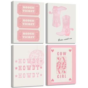 4Pcs Pink Cowgirl Prints Canvas Wall Art,Retro Western Boots Disco Ball Pictures,Preppy Posters Decor for teen girls' bedrooms,college dorms,or western-themed apartments.8x10in Framed