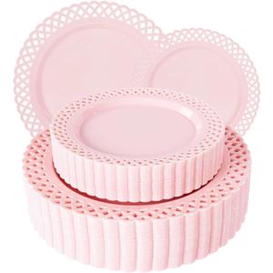COLOSUS 60Pcs Pink Plastic Plates, Plastic Disposable Plates, Fancy Pink Scallop plates, Heavy Duty Lace Plate Set include 30 Dinner Plate 10 and 30 Salad/Dessert Plate 7.5for Easter Day