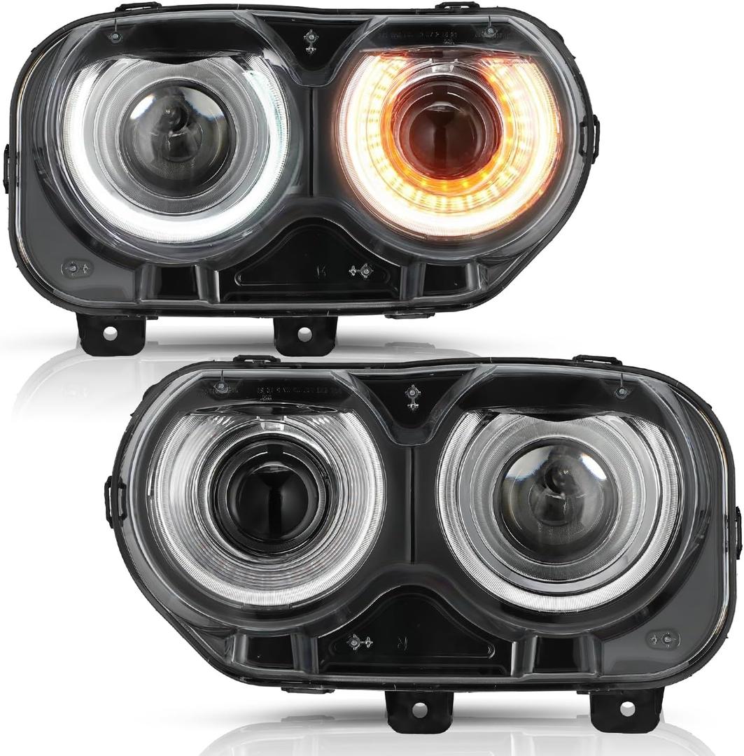 Halogen Headlight Assembly Replacement for 15-22 Dodge Challenger Projector Headlamp (w/o Bulbs, Driver and Passenger Side)