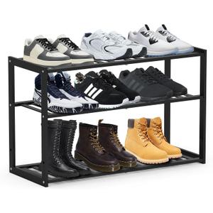 Jripae Bamboo Shoe Rack for Entryway, Stackable 3 Tier Shoe Organizer Shelf Storage 9-12 Pairs Shoes Stand Cubby for Closet Door Hallway Bedroom Garage Black, Thanksgiving, 3-tier-short/27.5*10.5*17in