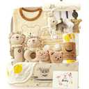 Golray 9pcs Newborn Baby Gift Baskets for Boys Girls Baby Shower, 2 Rattle/Seat Hang Toy/Blanket/Bodysuit/Bib/ 3D Socks/Wood Milestone/Carry Box, Neutral New Born Essential Stuff Unisex Baby Gifts Boy