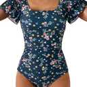 Eomenie Women's Tummy Control One Piece Swimsuit Ruffle Square Neck Bathing Suit Ruched Cutout Back Slimming Swimwear, Size: XL