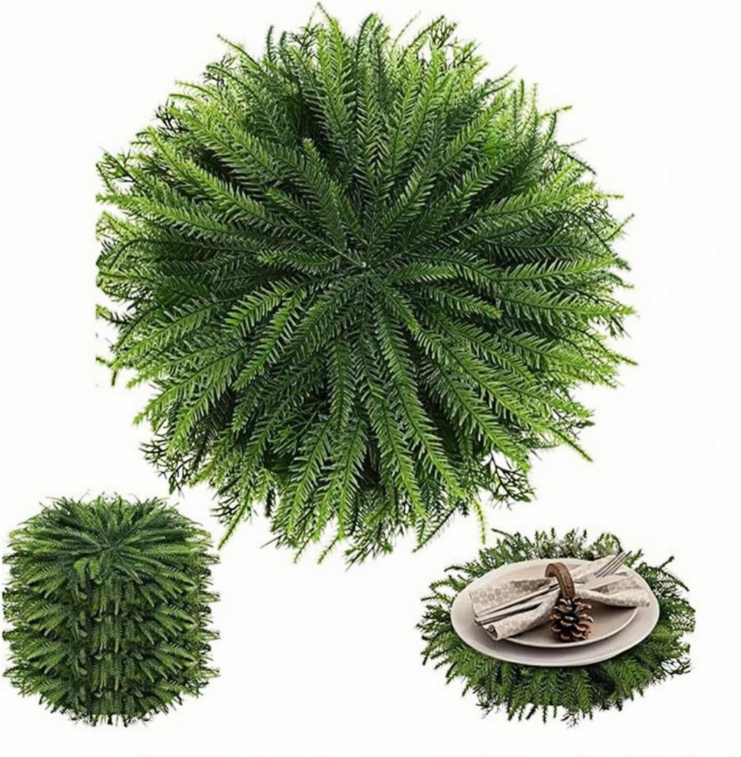 4 Pcs Christmas Greenery Placemats, 15.75Inch Large Spring Summer Round Placemats with Artificial Pine Branches Winter Place Mats Dining Table Mats for Christmas Party Decorations (Dark Green)