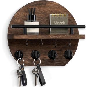 Nekon Key Holder for Wall - 9.8 Inch Apartment Wall Decor with Shelf and 8 Key Hooks, Circular Wood Key Hanger for Home Decor (Brown)
