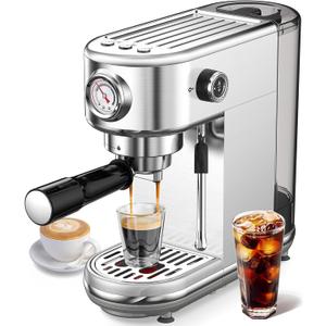 Espresso Machine with Milk Frother, 20 Bar High Pressure Professional Espresso Maker Automatic, Compact Stainless Steel Coffee Machine for Cappuccino, Latte, Gift for Coffee Lover, Dad or Mom, Silver