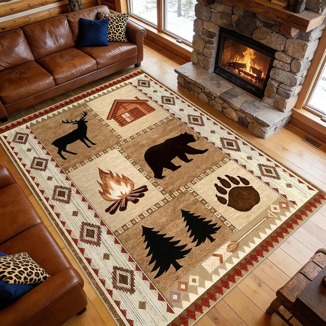 Area Rug 5x7 Rustic Cabin Bear Deer Rug Lodge Country Farmhouse Wildlife Rugs for Living Room Southwesten Machine Washable Non-Slip Printed Low-Pile Indoor Carpet for Bedroom Dining Room Office