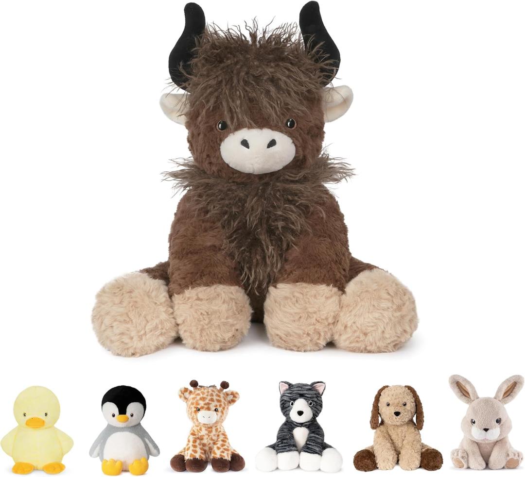 Niuniu Daddy 14" | 3.5 Pound Weighted Highland Cow Plush, Big Highland Cow Stuffed Animal for Kids Adults, Giant Weighted Sitting Plush Toy, Large Body Pillow for Birthday Christmas Holiday Presents