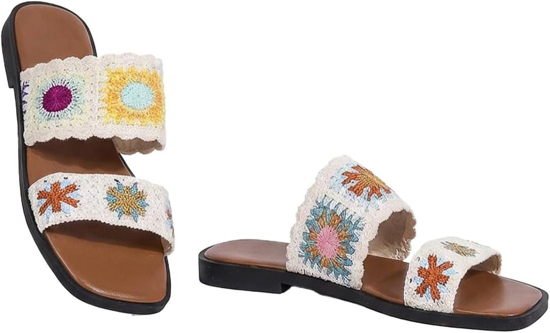 GORGLITTER Women's Boho Floral Crochet Sandal Retro Double Strap Woven Pattern Flat Sandals Vacation Open Toe Trending Shoes (White)