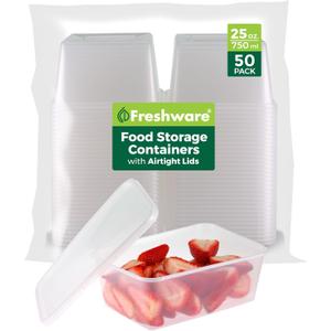 Freshware Food Storage Containers [50 Set] 25 oz Plastic Deli Containers with Lids, Slime, Soup, Meal Prep Containers, BPA Free, Stackable, Leakproof, Microwave, Dishwasher and Freezer Safe