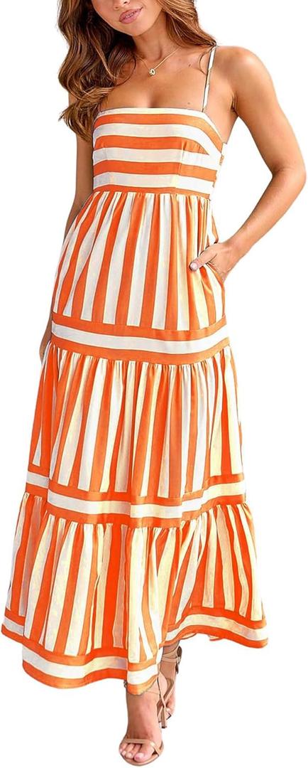 chouyatou Women Spaghetti Strap Back Smocked Maxi Striped Dress Summer Casual Floral Flowy Beach Sun Dress (Orange)