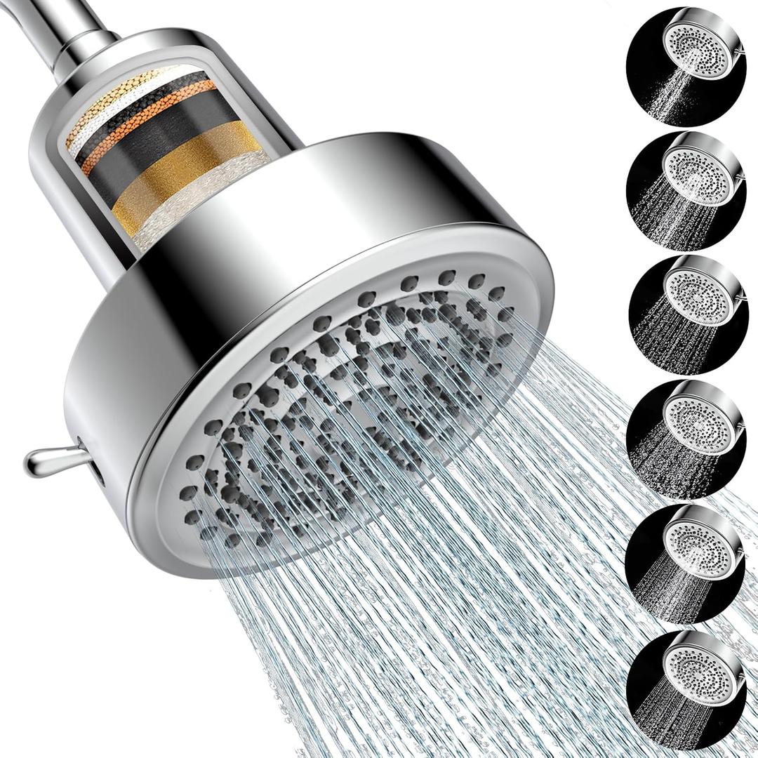 Filtered Shower head for Healthier Hair & Skin Removes Chlorine & Heavy Metals,High Pressure 6 Mode Settings Shower Head Filter for Hard Water (Chrome)